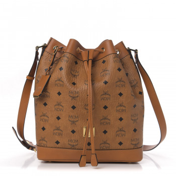 MCM Visetos Small Heritage Drawstring Bucket Bag Cognac
