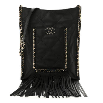 CHANEL Calfskin Quilted Fringe Small Shopping Bag Black