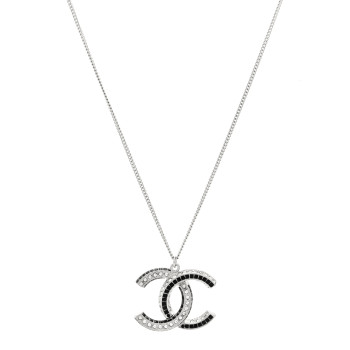 CHANEL Baguette Crystal Large CC Necklace Silver Black
