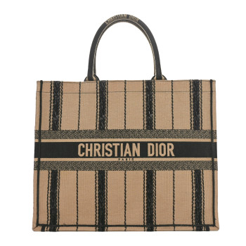 CHRISTIAN DIOR Canvas Embroidered Large Bayadere Book Tote Black Beige