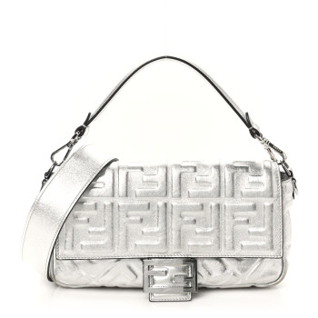 FENDI Vitello Catalan Mirror FF 1974 Embossed Baguette Argento