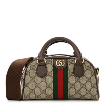 GUCCI GG Supreme Monogram Textured Dollar Calfskin Web Mini Ophidia Top Handle Bowler Bag Beige Ebony New Acero