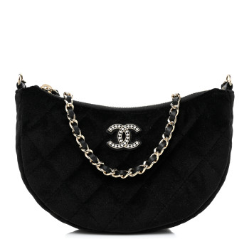 CHANEL Velvet Crystal Quilted Chain Hobo Black