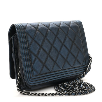 CHANEL Calfskin Quilted Boy Wallet On Chain WOC Navy Blue