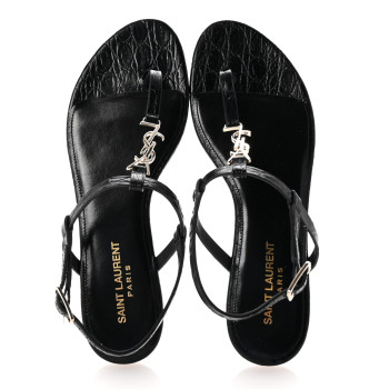 SAINT LAURENT Calfskin Crocodile Embossed Cassandra Monogram Sandals 37 Black