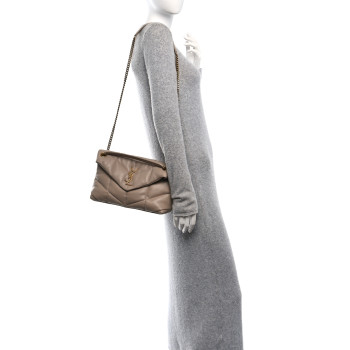 SAINT LAURENT Lambskin Quilted Small Loulou Puffer Monogram Chain Satchel Dark Beige
