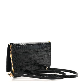 SAINT LAURENT Calfskin Crocodile Embossed Monogram Phone Holder Crossbody Black