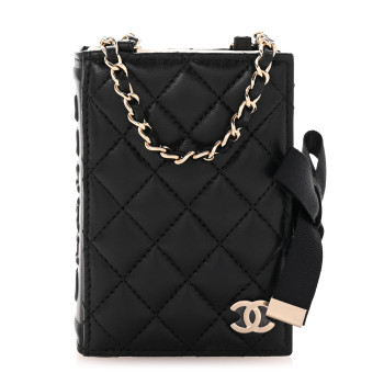 CHANEL Lambskin Quilted Book Card Holder on Chain Black