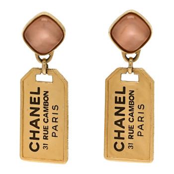 CHANEL CC Tags Drop Earrings Gold Pink