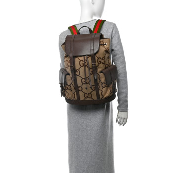 GUCCI Monogram Jumbo GG Textured Dollar Calfskin Web Double Buckle Backpack Camel Ebony New Acero