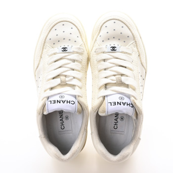 CHANEL Grained Calfskin Fabric Womens Logo Sneakers 36.5 White