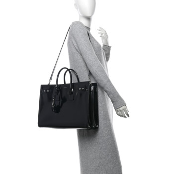 SAINT LAURENT Patent Calfskin Large Thin Sac De Jour Black