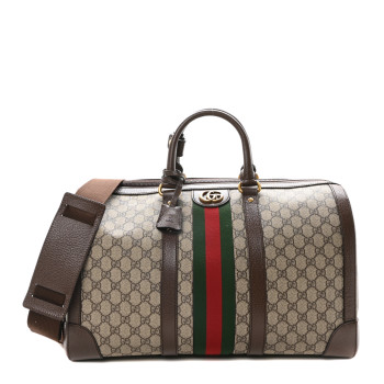 GUCCI GG Supreme Monogram Textured Dollar Calfskin Web Medium Savoy Duffle Bag Beige Ebony New Acero