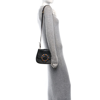 MIU MIU Goatskin Madras Soft Calfskin Crystal Embellished Lady Saddle Black