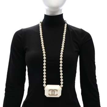 CHANEL Resin Crystal Pearl Airpod Pro Case Necklace Gold White Pearly Black
