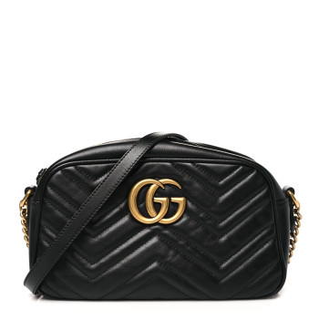 GUCCI Calfskin Matelasse Small GG Marmont Chain Shoulder Bag Black