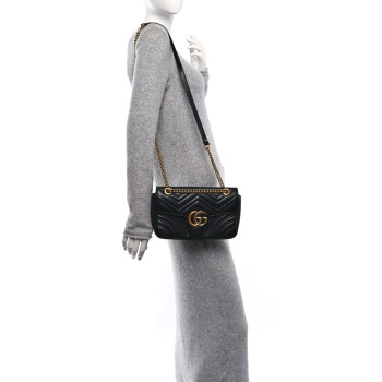 GUCCI Calfskin Matelasse Small GG Marmont Shoulder Bag Black