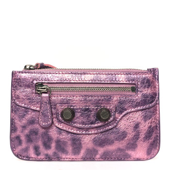 BALENCIAGA Metallic Agneau Leopard Print Le Cagole Coin Card Holder Pink