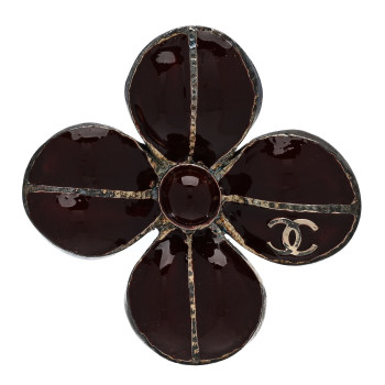CHANEL Enamel CC Flower Ring 52 6 Burgundy Silver