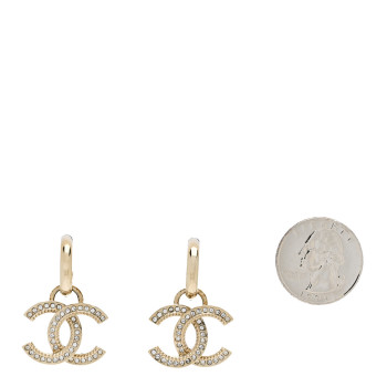 CHANEL Metal Crystal Studded CC Hoop Drop Earrings Gold