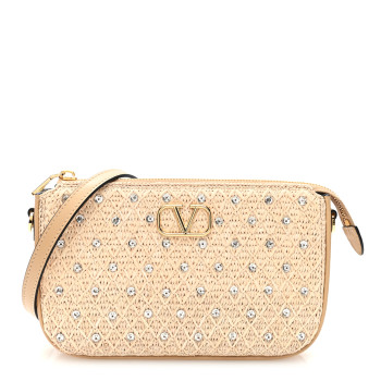 VALENTINO GARAVANI Raffia Calfskin Crystal Embellished Mini Vlogo Crossbody Bag Naturale Sahara