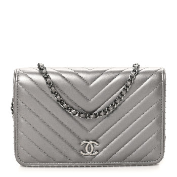 CHANEL Lambskin Chevron Quilted Studded Wallet On Chain WOC Dark Silver