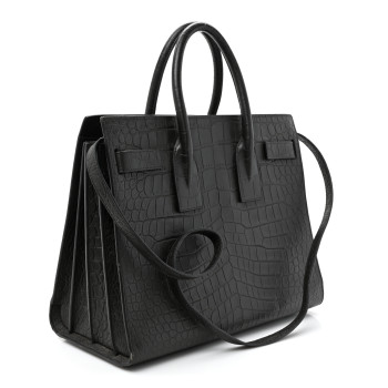 SAINT LAURENT Calfskin Crocodile Embossed Small Sac De Jour Fog