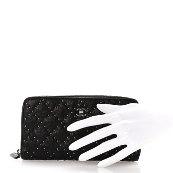 CHANEL Crumpled Lambskin Studded Paris Dallas Zip Around Wallet Black