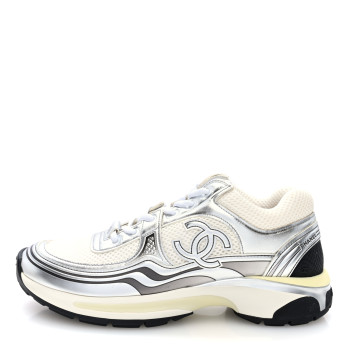 CHANEL Fabric Laminated Calfskin Stretch CC Womens Sneakers 38.5 White Silver