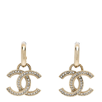 CHANEL Metal Crystal Studded CC Hoop Drop Earrings Gold