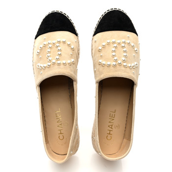 CHANEL Suede Pearl CC Espadrilles 40 Beige Black
