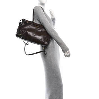 PRADA Glossy Calfskin Triangle Large Bonnie Shoulder Bag Dark Brown
