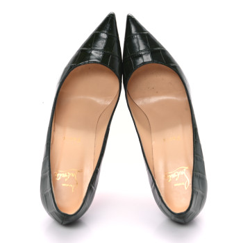 CHRISTIAN LOUBOUTIN Calfskin Crocodile Embossed Kate 85 Pumps 38 Forest Night
