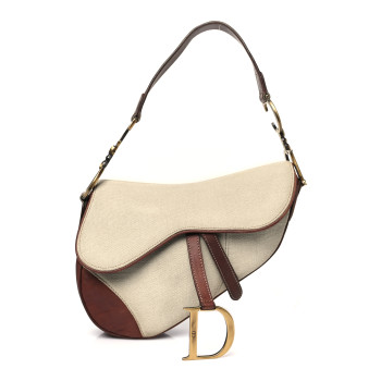 CHRISTIAN DIOR Canvas Calfskin Saddle Bag Beige