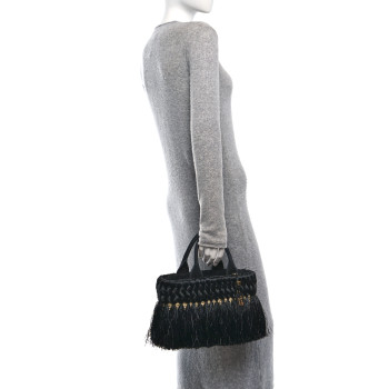 PRADA Wicker Woven Straw Fringe Convertible Basket Bag Black Naturale