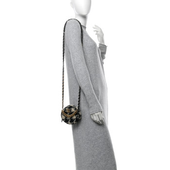 CHANEL Wool Tweed Lambskin Quilted Chanel 19 Round Clutch With Chain and Coin Purse Black White