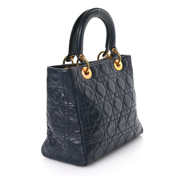 CHRISTIAN DIOR Lambskin Cannage Medium Lady Dior Navy Blue