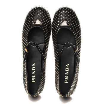 PRADA Nappa Studded Metal Triangle Logo Ballet Flats 37 Black