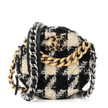 CHANEL Wool Tweed Lambskin Quilted Chanel 19 Round Clutch With Chain and Coin Purse Black White