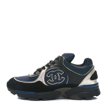 CHANEL Mesh Suede Calfskin Womens CC Sneakers 36 Dark Blue Black Silver