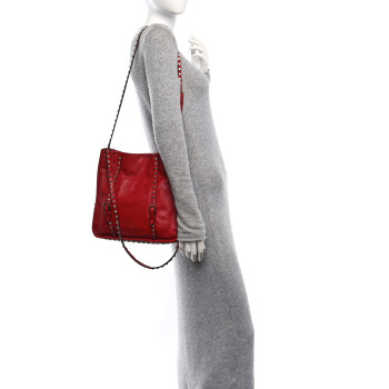 VALENTINO GARAVANI Vitello Rockstud Shopper Tote Red