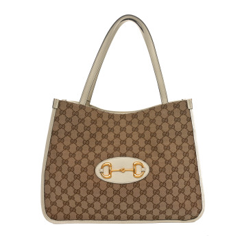 GUCCI Monogram New Sakai Calfskin Lux Horsebit 1955 Tote Beige Ebony Mystic White
