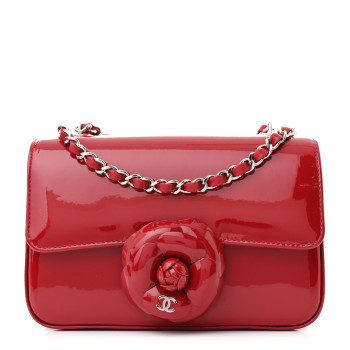 CHANEL Patent Calfskin Small Camellia Flap Red