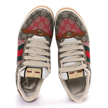 GUCCI GG Supreme Monogram Harness Calfskin Web Womens Screener Sneakers 7 Beige Ebony Rosso Harness Brown