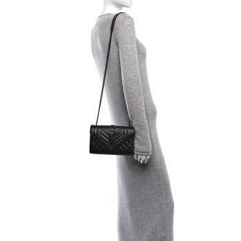 SAINT LAURENT Grain De Poudre Textured Mixed Matelasse Triquilt Small Monogram Monochrome Satchel Black