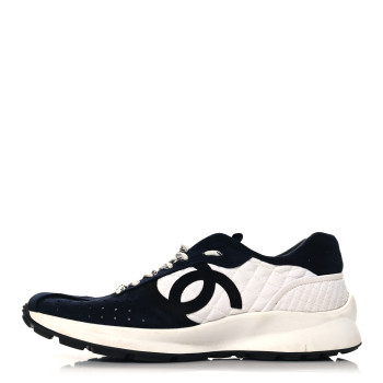 CHANEL Fabric Suede Kidskin CC Sneakers 41 Dark Navy White