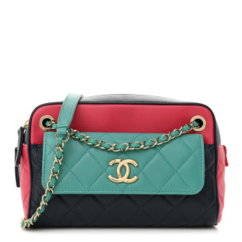 CHANEL Goatskin Quilted Tri-Color Small In & Out Camera Case Navy Turquoise Pink