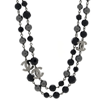 CHANEL Ruthenium Beaded CC Long Necklace Black