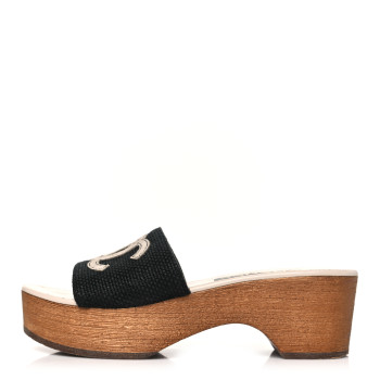 CHANEL Fabric Suede Calfskin Wooden CC Clogs  36 Black Light Grey