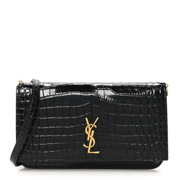 SAINT LAURENT Calfskin Crocodile Embossed Monogram Phone Holder Crossbody Black